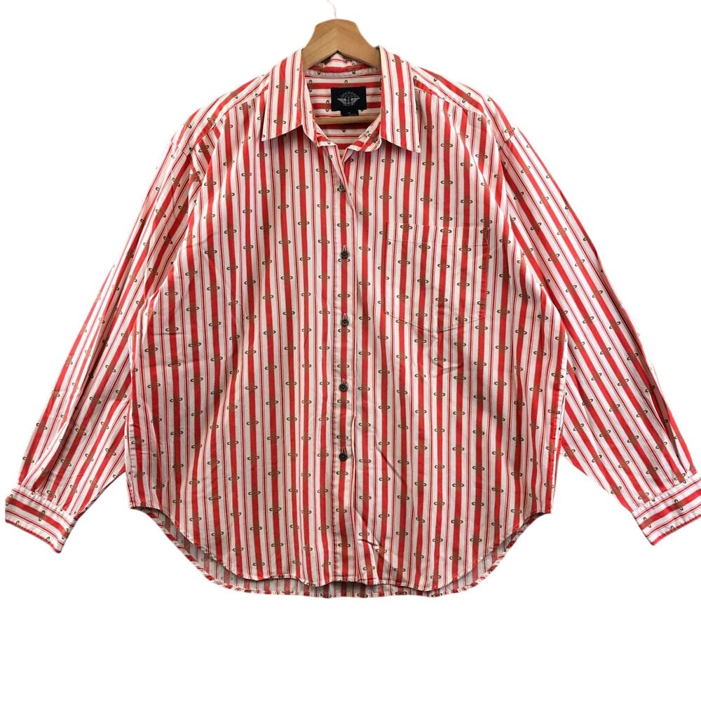 Vintage Dockers Womens 1X Red &‎ White Striped Button Up Top Long Sleeve Shirt